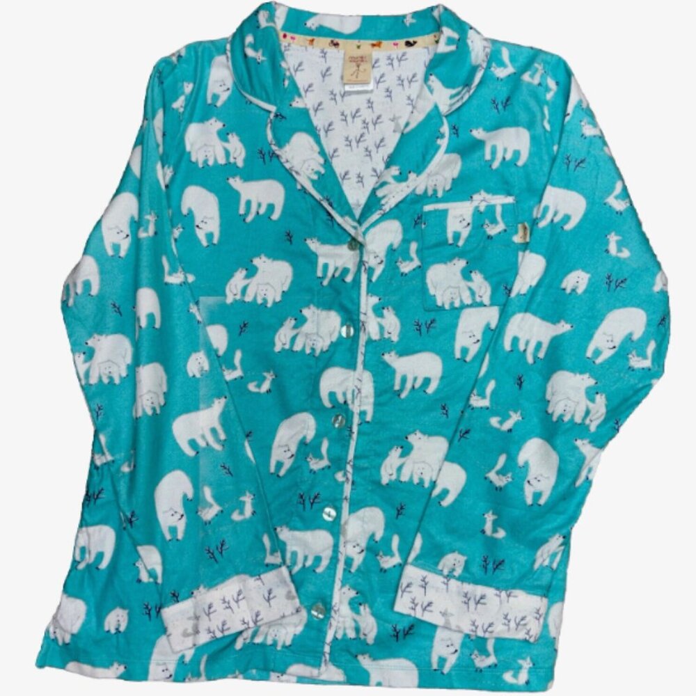 Munki Munki Blue Polar Bears Flannel Pajama Top Button Up Shirt PJ Size L
